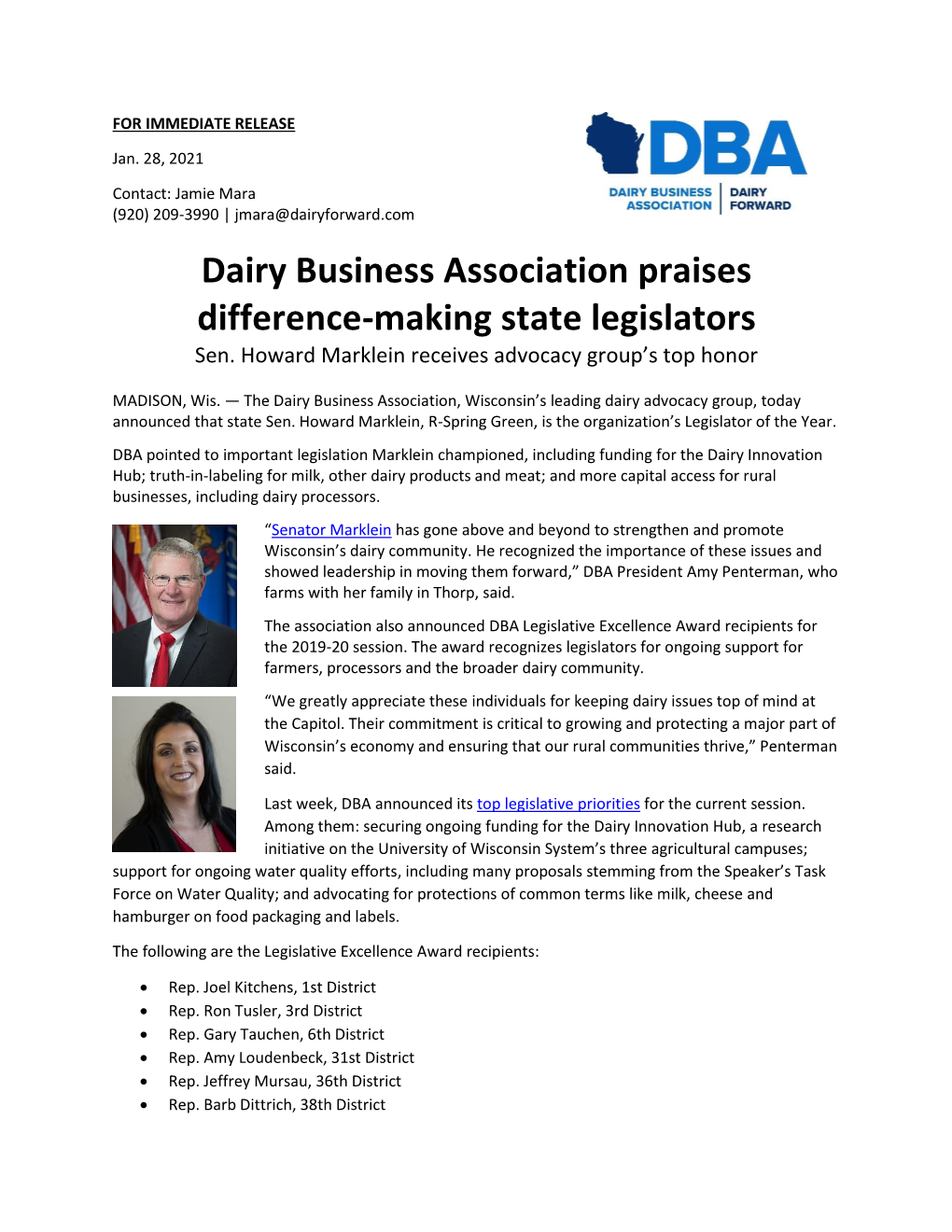 Dairy Business Association Praises Difference-Making State Legislators Sen