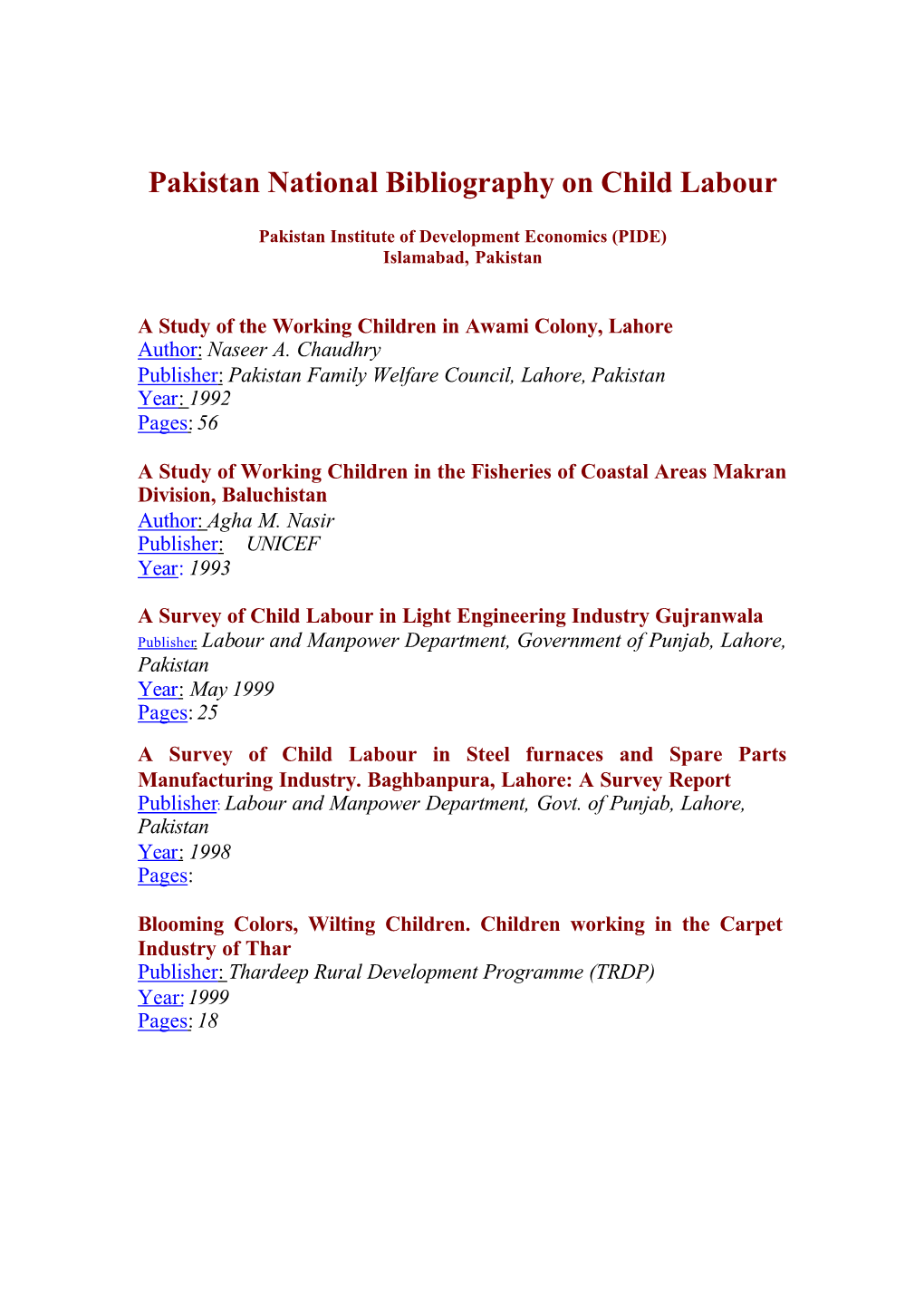 Pakistan National Bibliography on Child Labour