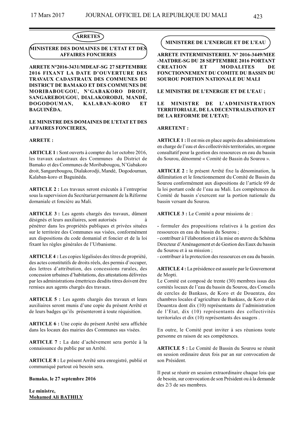 423 17 Mars 2017 JOURNAL OFFICIEL DE LA REPUBLIQUE DU