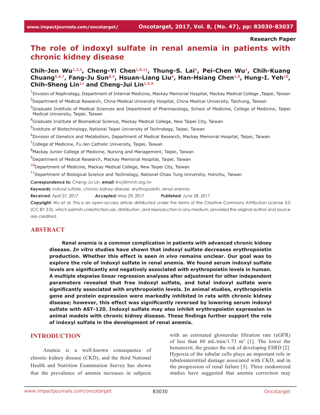 The Role of Indoxyl Sulfate in Renal Anemia in Patients with Chronic Kidney Disease