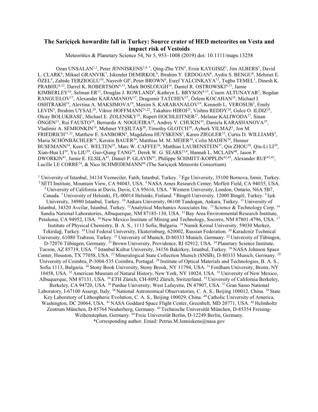 Source Crater of HED Meteorites on Vesta and Impact Risk of Vestoids Meteoritics & Planetary Science 54, Nr 5, 953–1008 (2019) Doi: 10.1111/Maps.13258