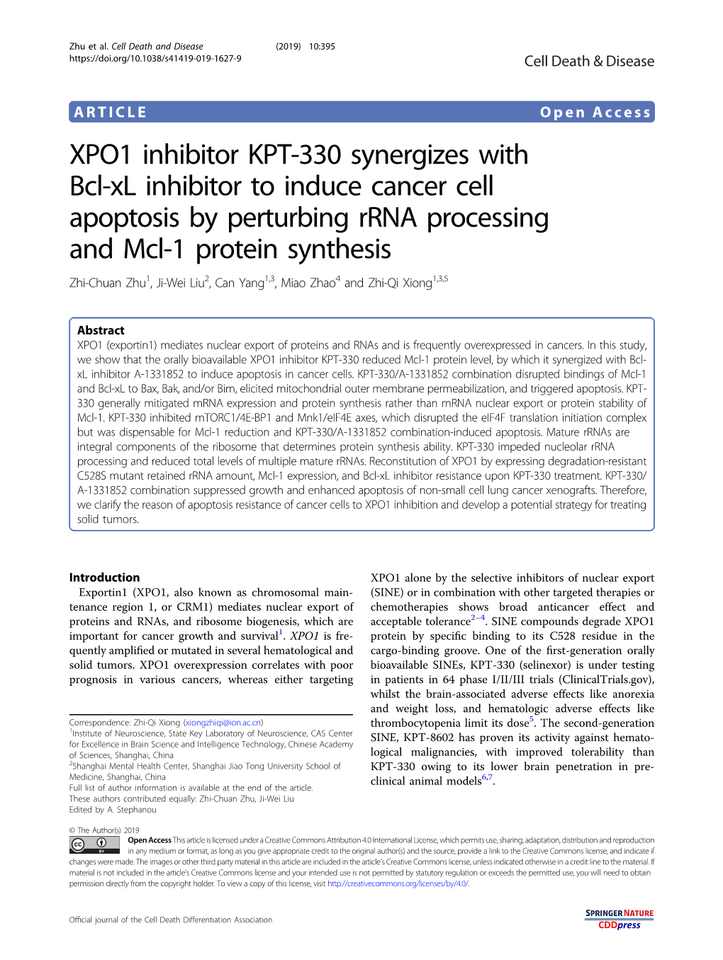 XPO1 Inhibitor KPT-330 Synergizes with Bcl-Xl Inhibitor to Induce