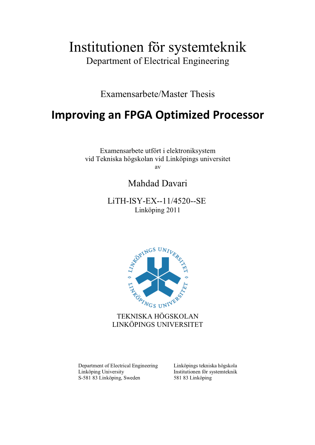 Institutionen För Systemteknik Department of Electrical Engineering
