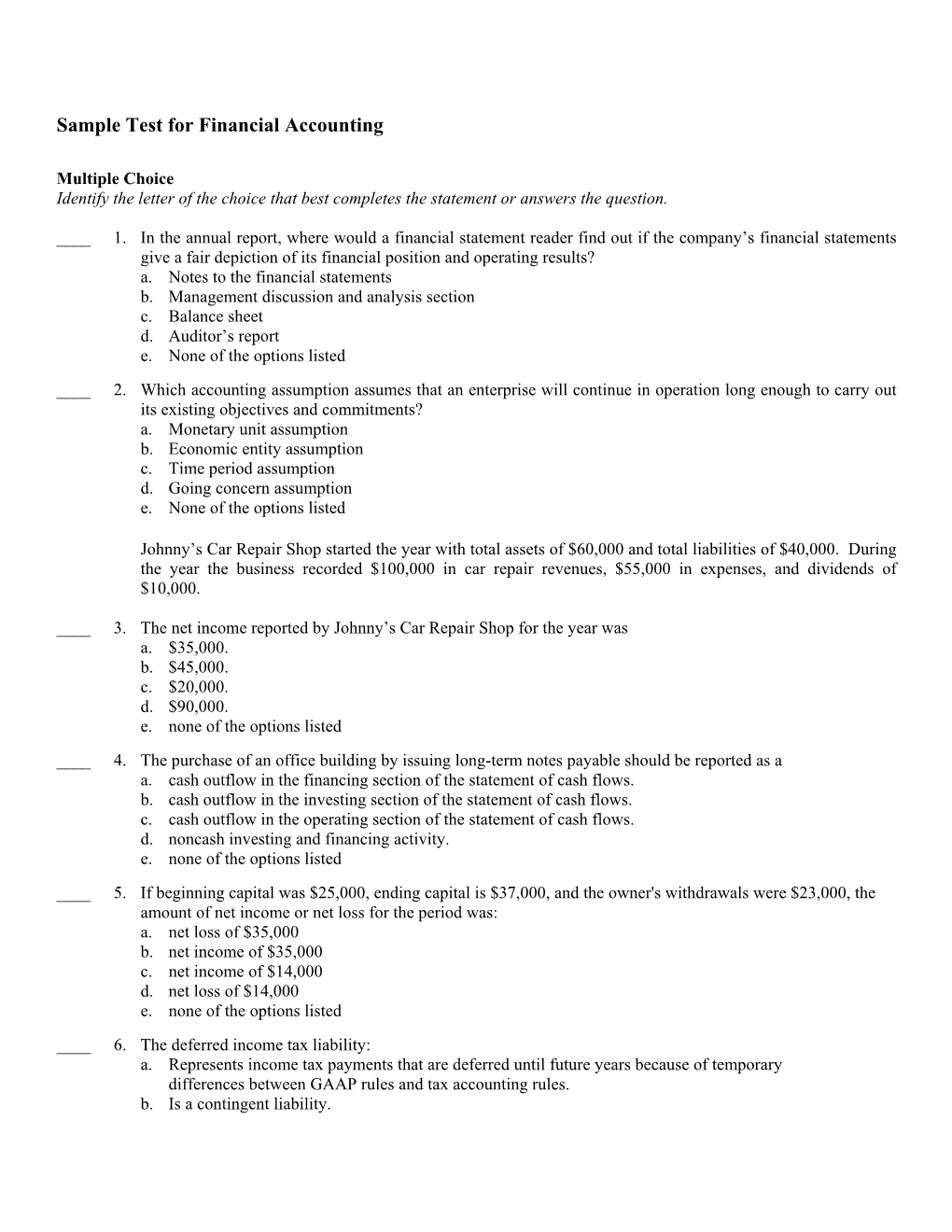 Sample Test for Financial Accounting