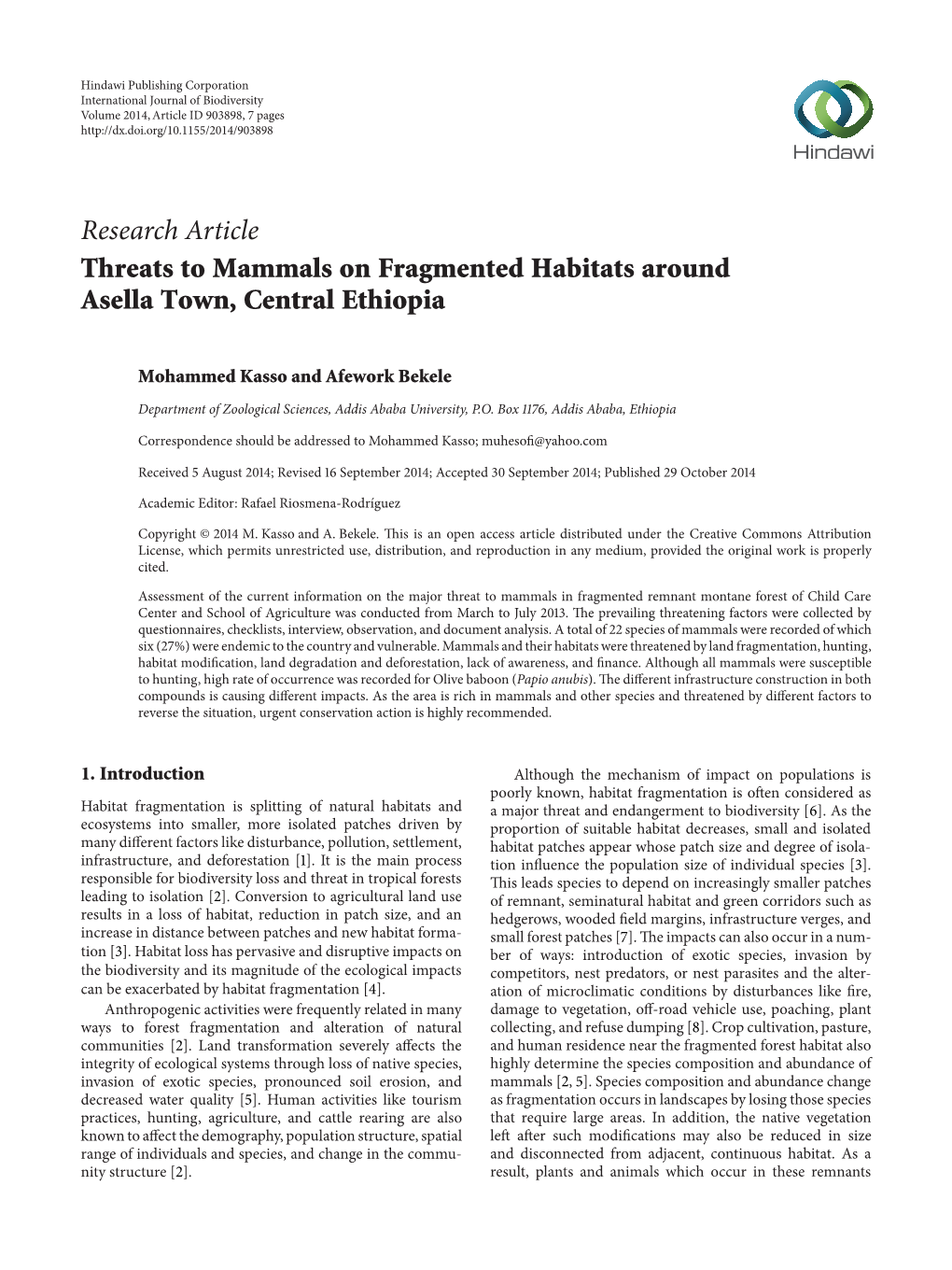 Threats to Mammals on Fragmented Habitats Around Asella Town, Central Ethiopia