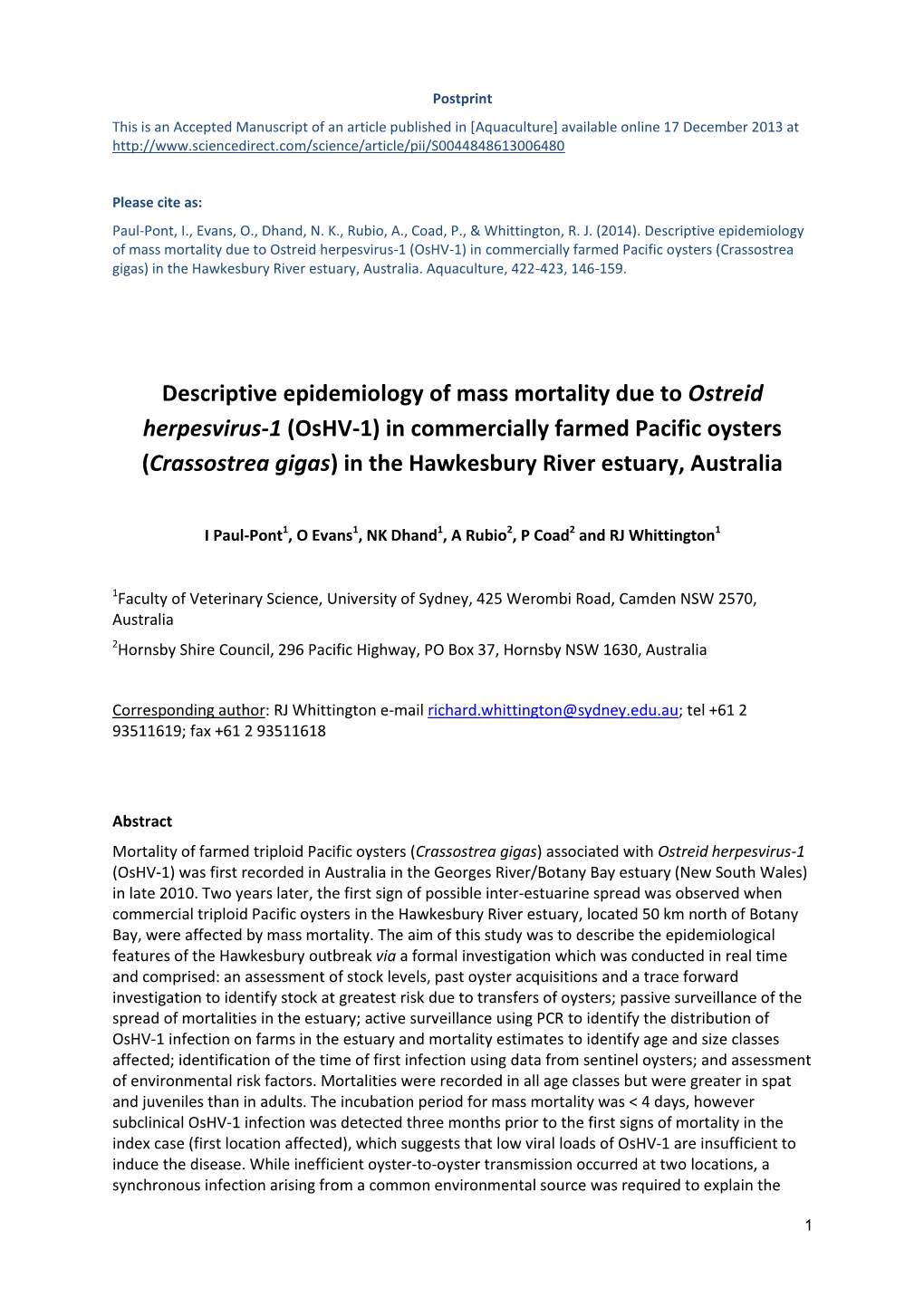 Emergency Survey of Pacific Oysters