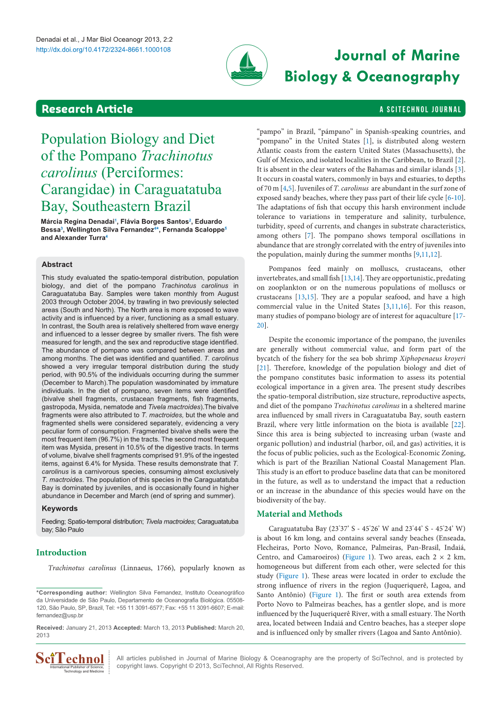 Population Biology and Diet of the Pompano Trachinotus Carolinus (Perciformes: Carangidae) in Caraguatatuba Bay, Southeastern Brazil