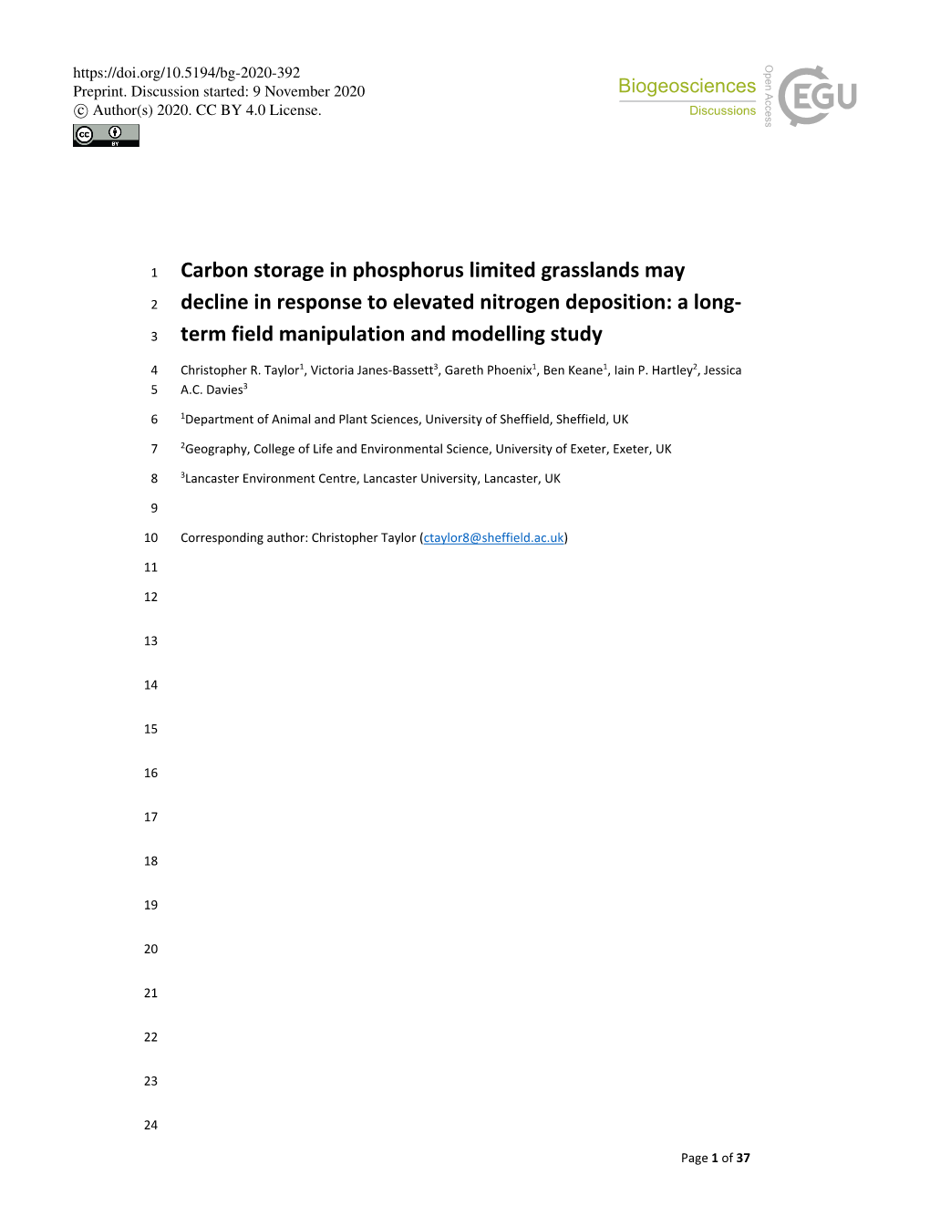 Carbon Storage in Phosphorus Limited Grasslands May 2 Decline in Response to Elevated Nitrogen Deposition: a Long- 3 Term Field Manipulation and Modelling Study