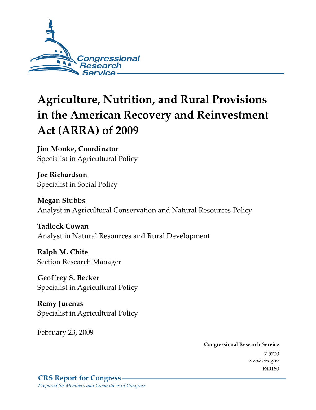 Agriculture, Nutrition, and Rural Provisions in the American Recovery and Reinvestment Act (ARRA) of 2009
