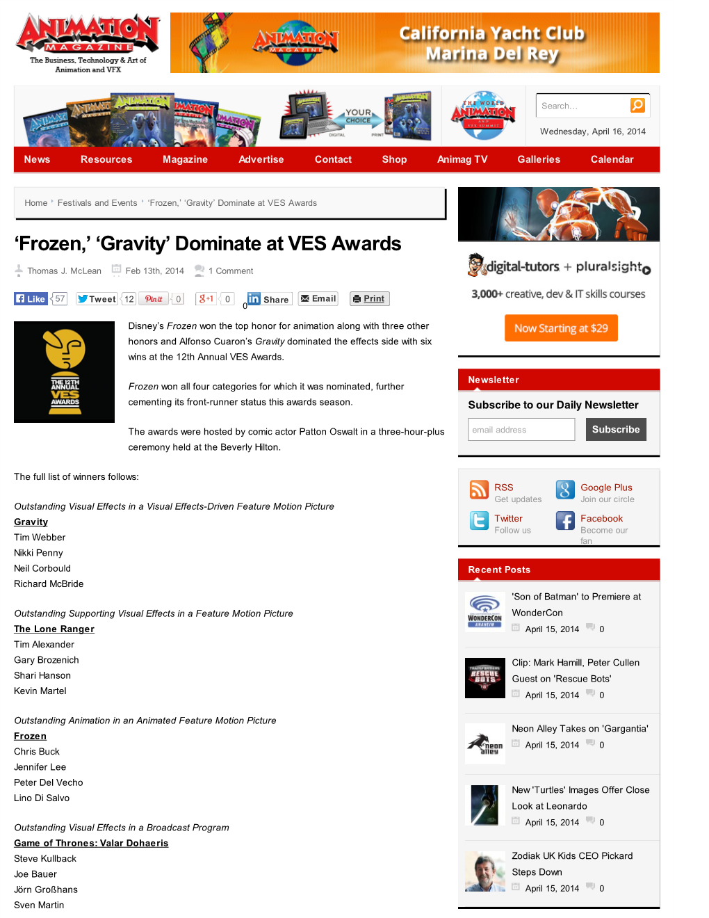 'Frozen,' 'Gravity' Dominate at VES Awards