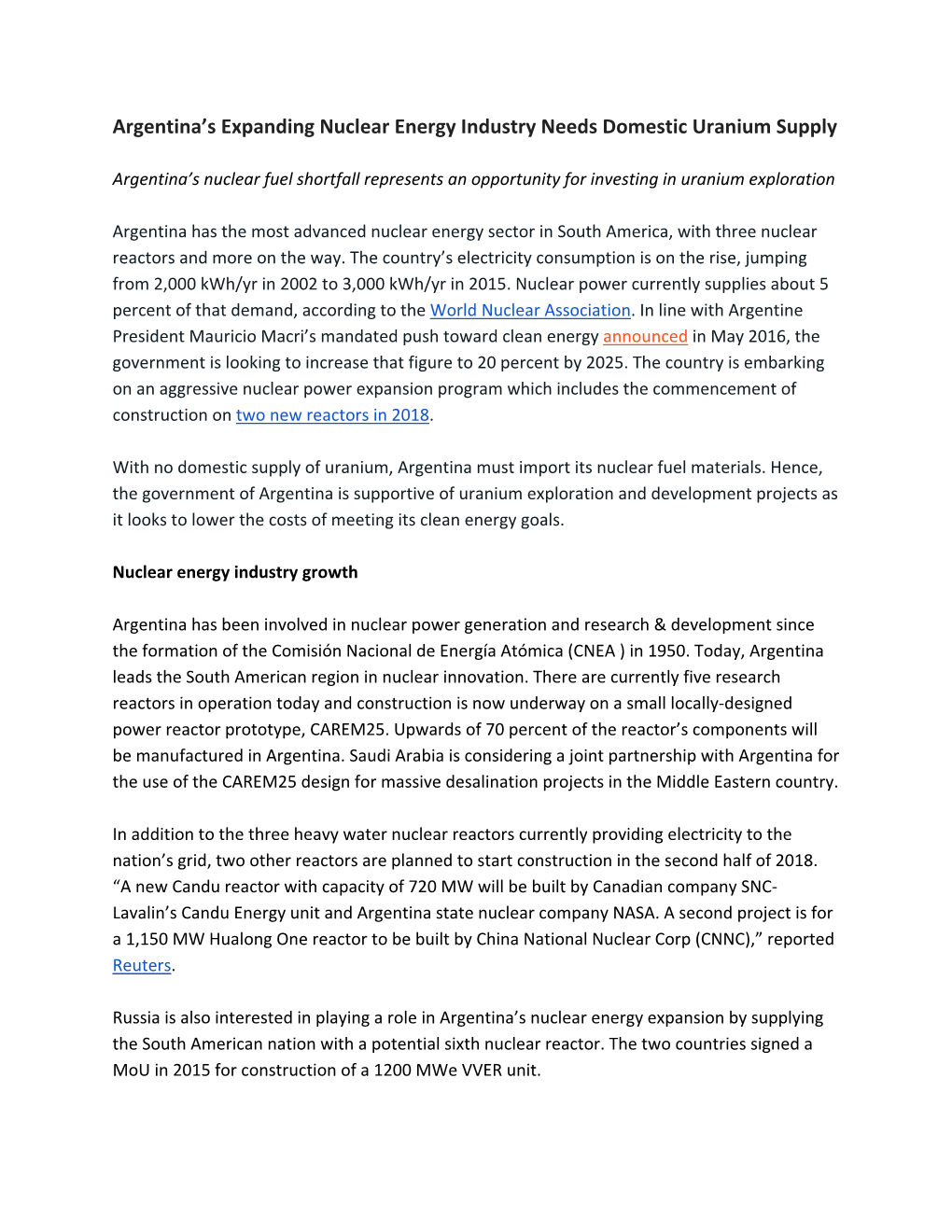 Argentina's Expanding Nuclear Energy Industry Needs Domestic