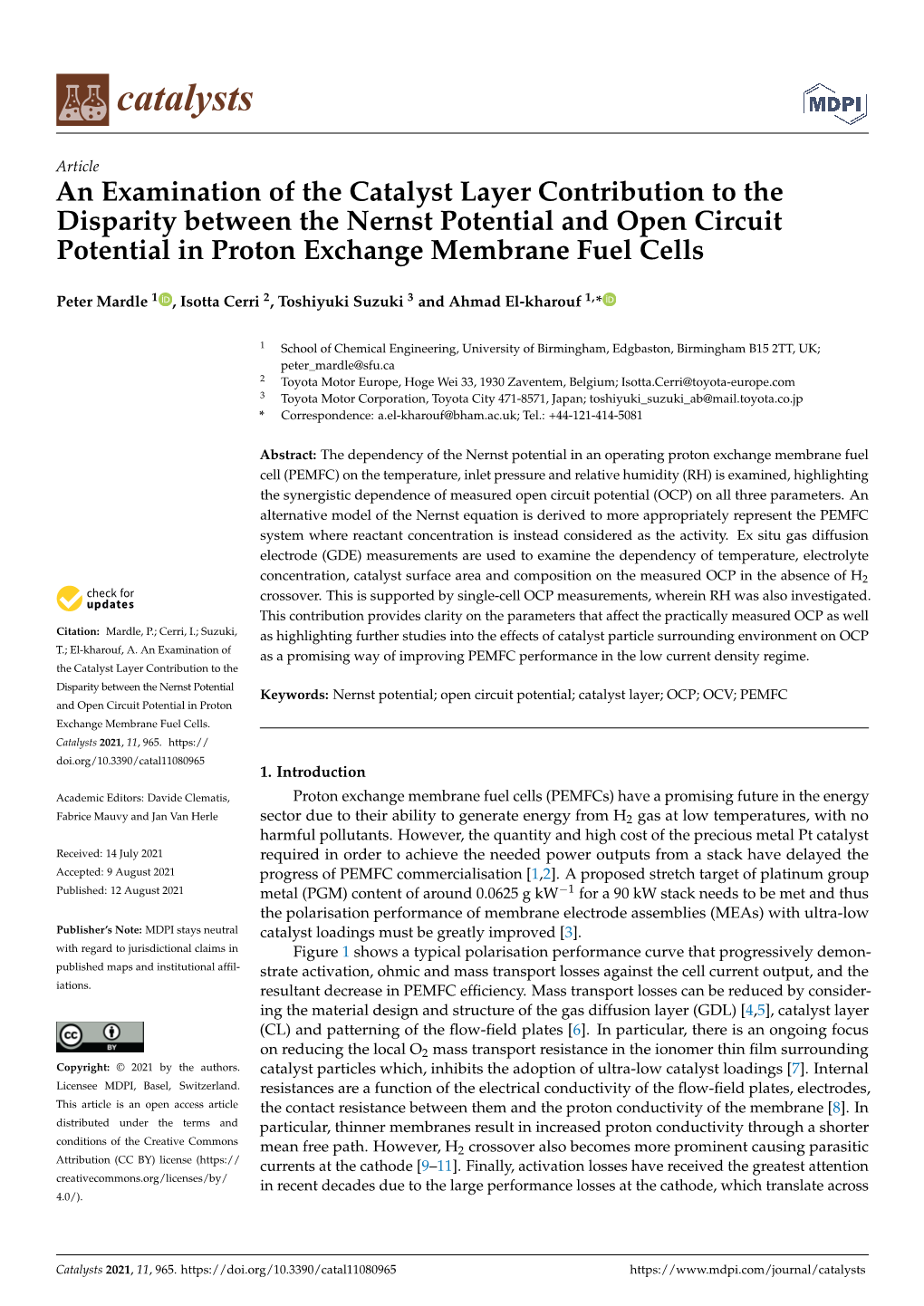 An Examination of the Catalyst Layer Contribution to the Disparity Between the Nernst Potential and Open Circuit Potential in Proton Exchange Membrane Fuel Cells