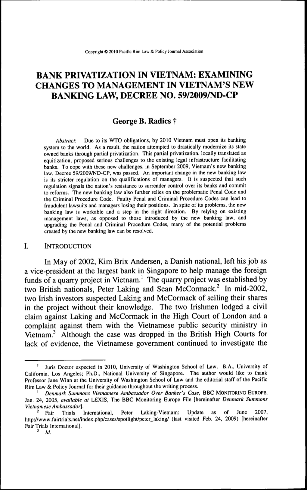 Bank Privatization in Vietnam: Examining Changes to Management in Vietnam's New Banking Law, Decree No