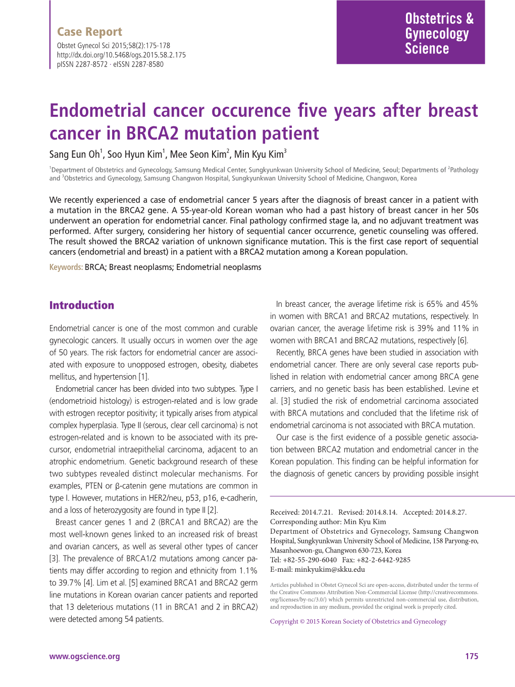 Endometrial Cancer Occurence Five Years After Breast Cancer in BRCA2 Mutation Patient