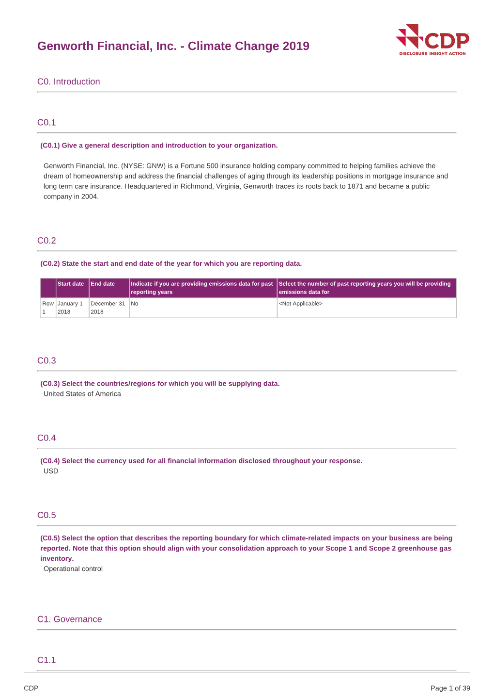 Genworth Financial, Inc. - Climate Change 2019