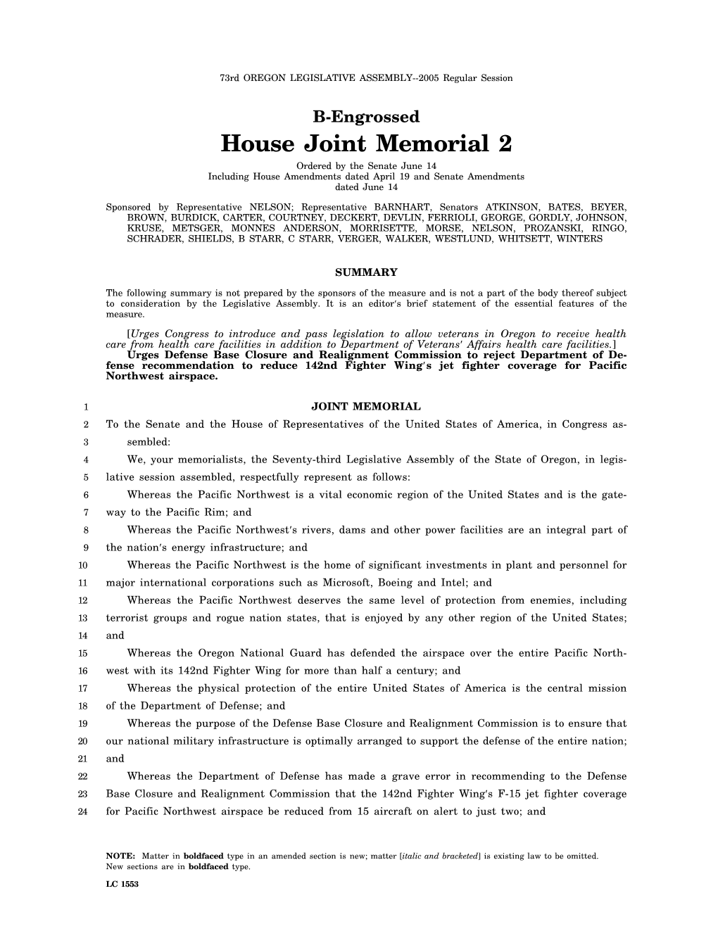 House Joint Memorial 2 Ordered by the Senate June 14 Including House Amendments Dated April 19 and Senate Amendments Dated June 14