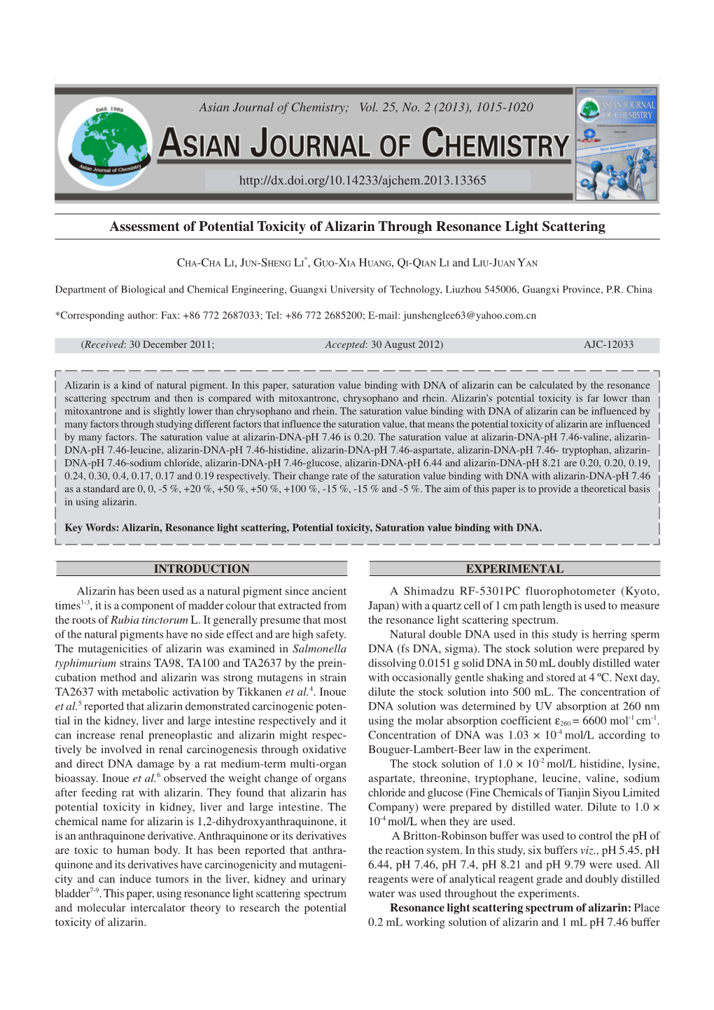 Assessment of Potential Toxicity of Alizarin Through Resonance Light Scattering