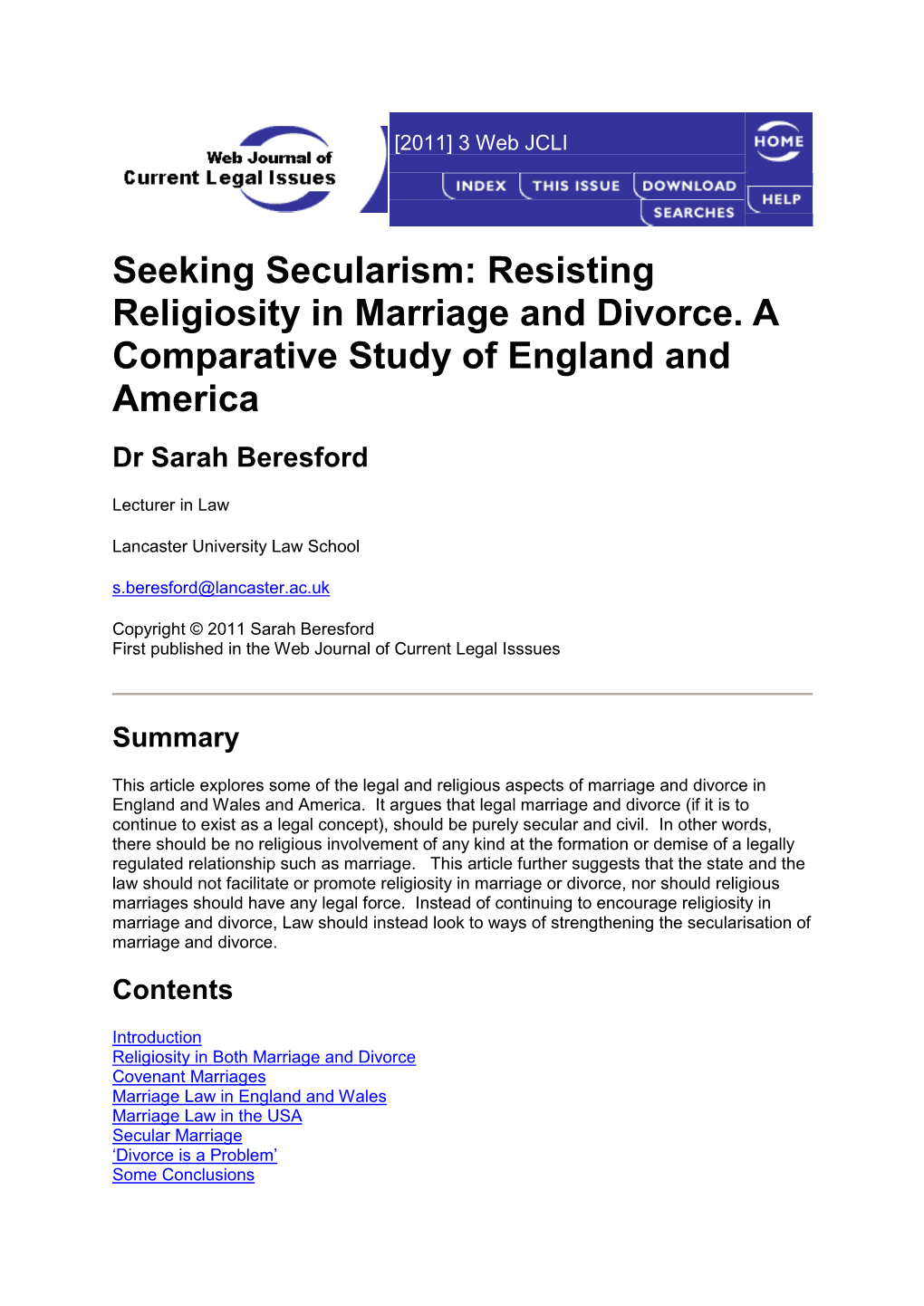 Seeking Secularism: Resisting Religiosity in Marriage and Divorce