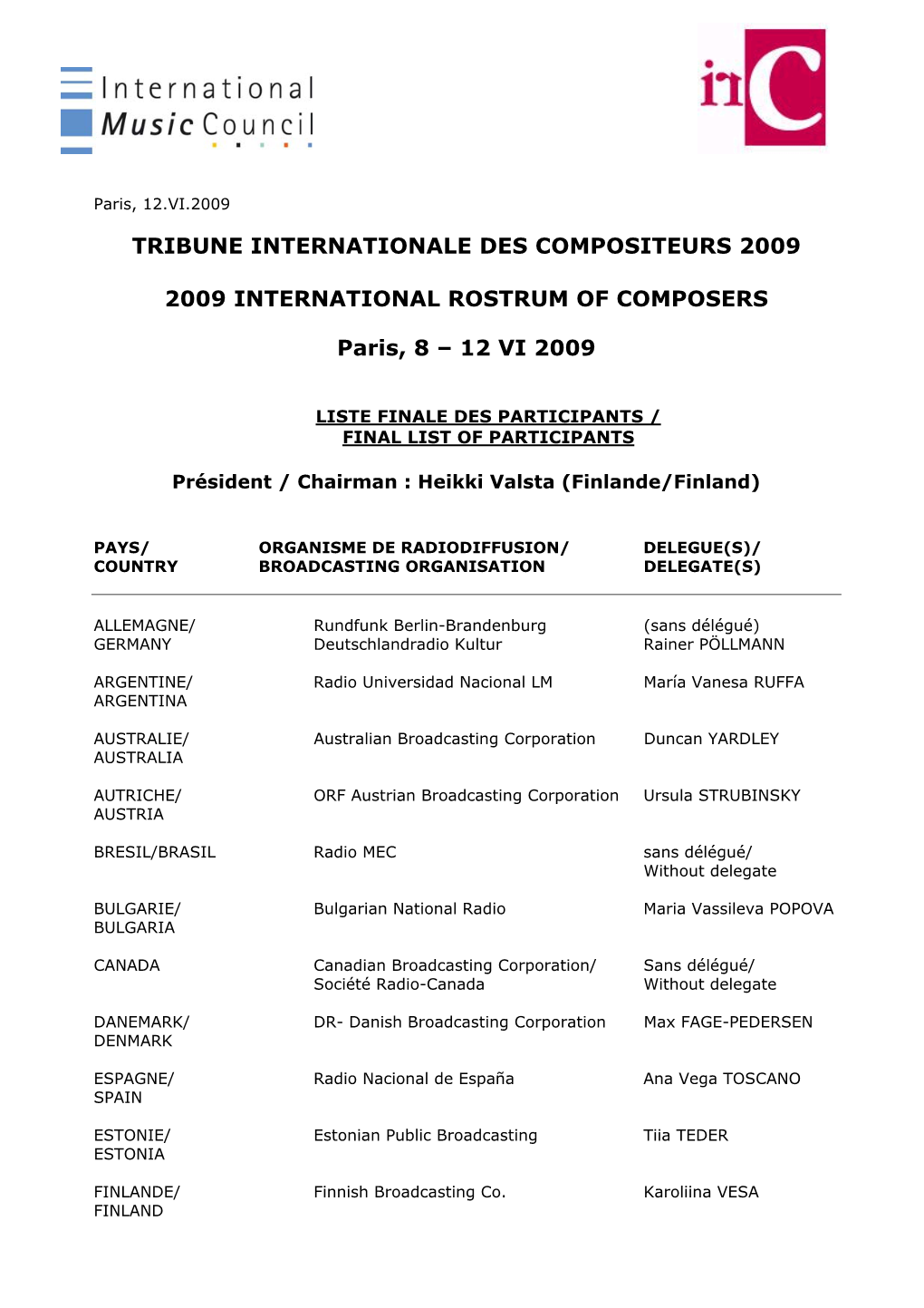 Tribune Internationale Des Compositeurs 2009