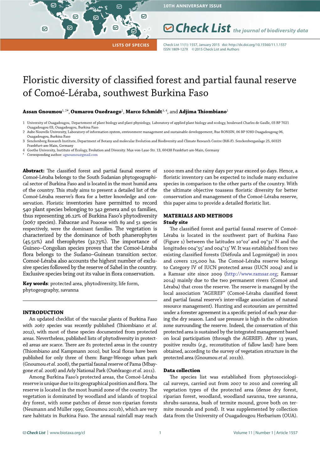 Floristic Diversity of Classified Forest and Partial Faunal Reserve of Comoé-Léraba, Southwest Burkina Faso