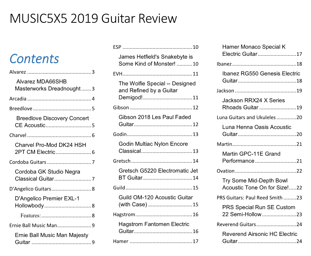 MUSIC5X5 2019 Guitar Review Contents