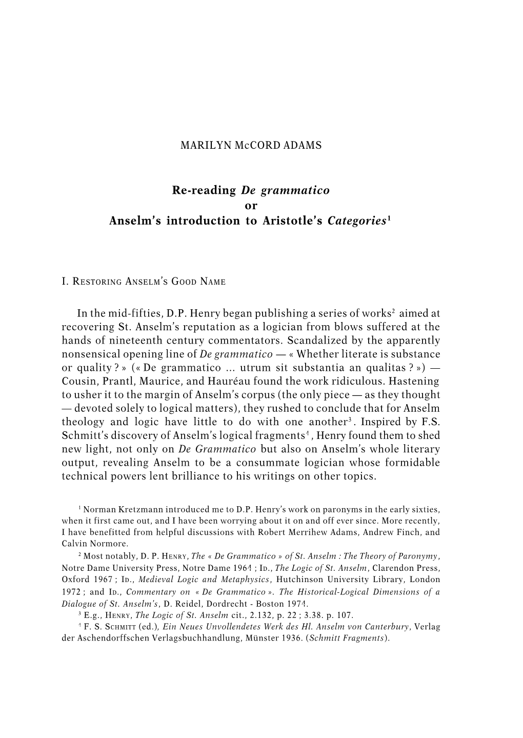 83 Re-Reading De Grammatico Or Anselm's Introduction to Aristotle's