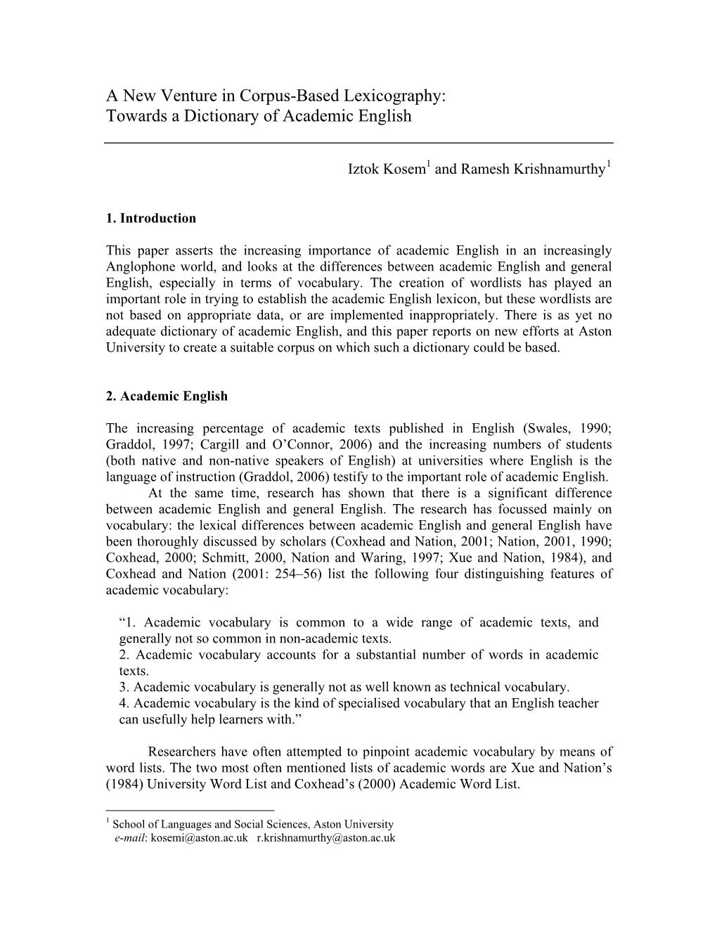 A New Venture in Corpus-Based Lexicography: Towards a Dictionary of Academic English