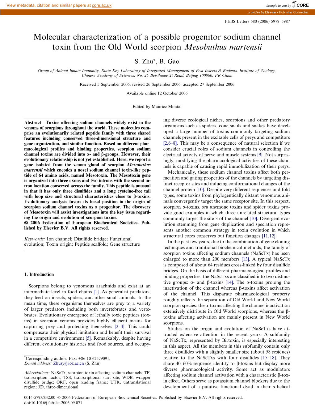 Molecular Characterization of a Possible Progenitor Sodium Channel Toxin from the Old World Scorpion Mesobuthus Martensii