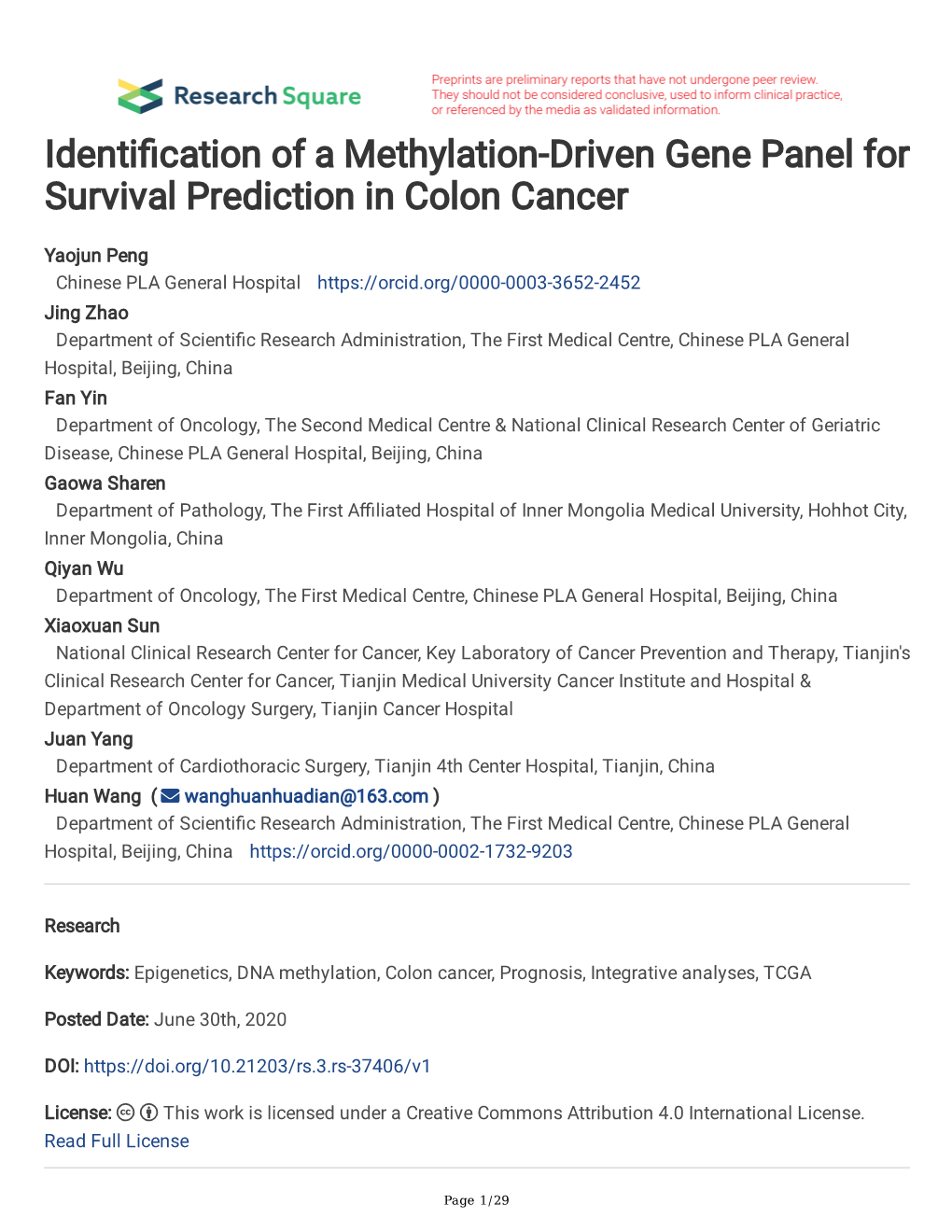 Identi Cation of a Methylation-Driven Gene Panel for Survival Prediction