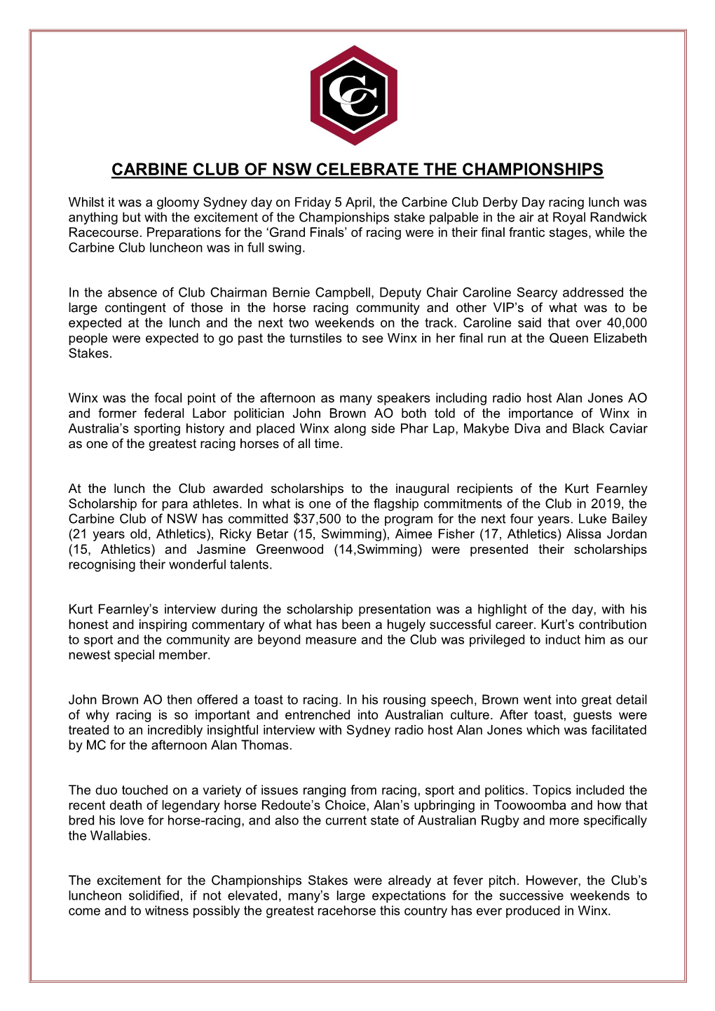 Carbine Club of Nsw Celebrate the Championships