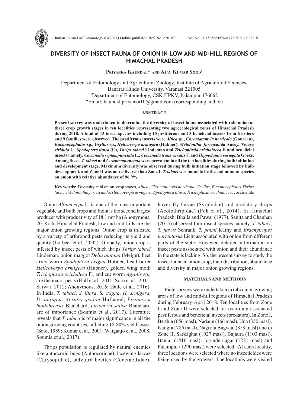 Diversity of Insect Fauna of Onion in Low and Mid-Hill Regions of Himachal Pradesh