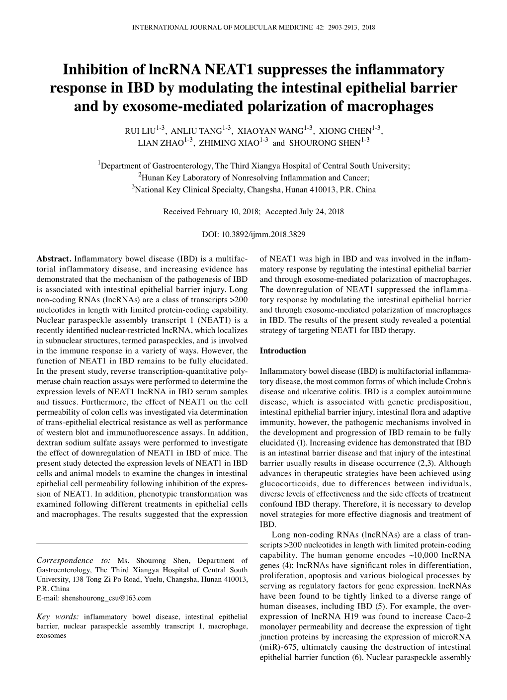 Inhibition of Lncrna NEAT1 Suppresses the Inflammatory