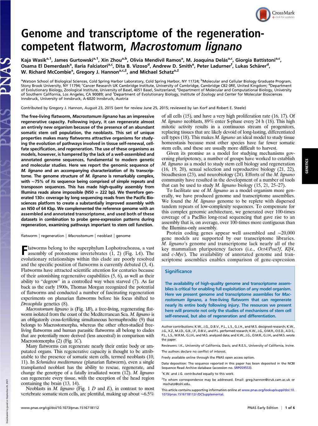 Genome and Transcriptome of the Regeneration- Competent Flatworm, Macrostomum Lignano