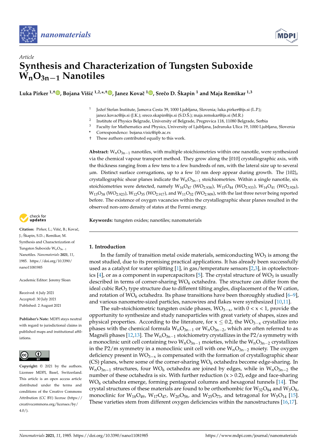 Synthesis and Characterization of Tungsten Suboxide Wno3n−1 Nanotiles