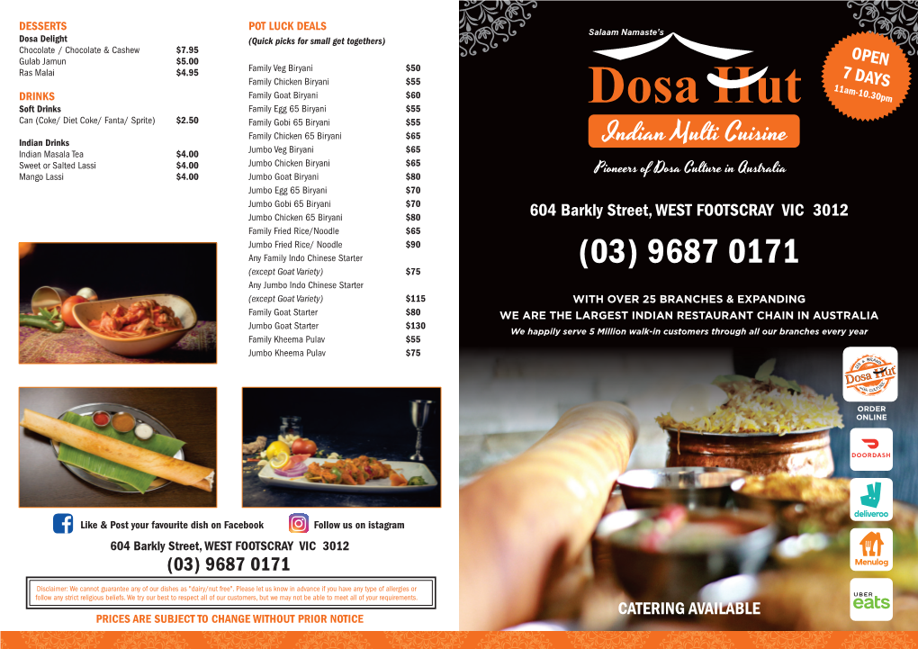 Dosa Hut (A4 Take Away Menu) Footscray.Cdr