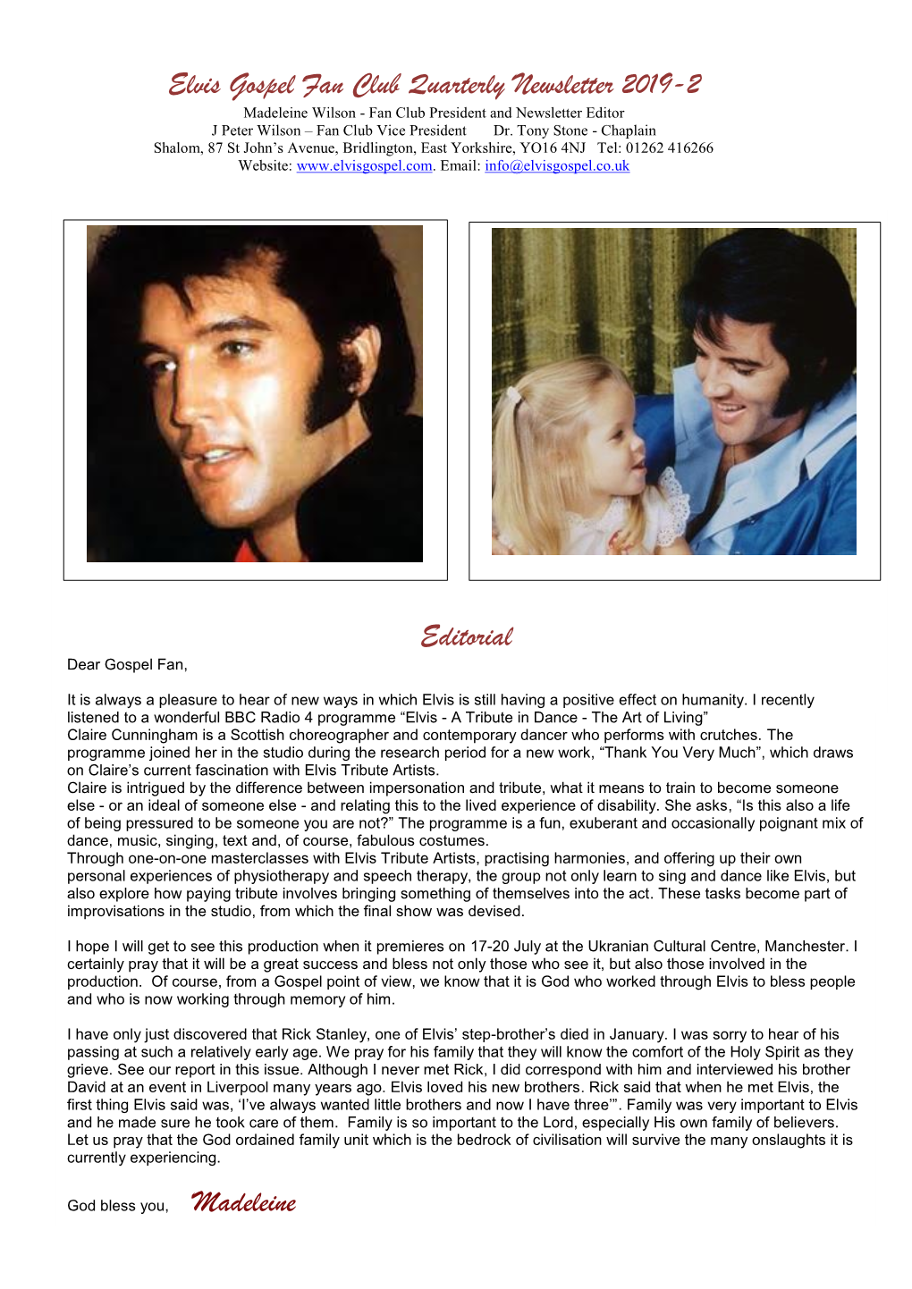 Elvis Gospel Fan Club Quarterly Newsletter 2019-2 Editorial Madeleine