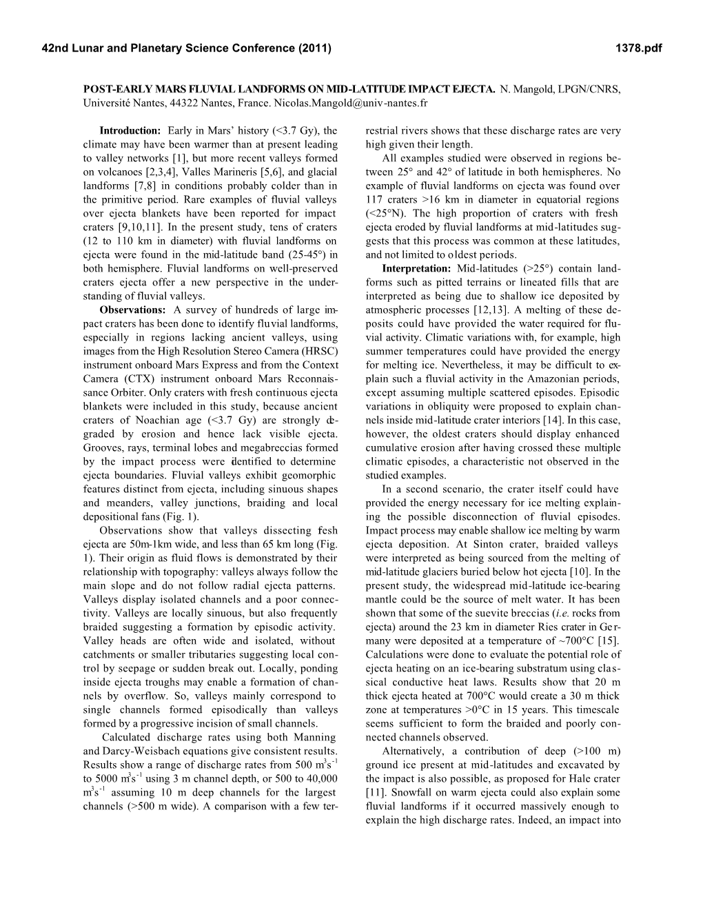 Post-Early Mars Fluvial Landforms on Mid-Latitude Impact Ejecta