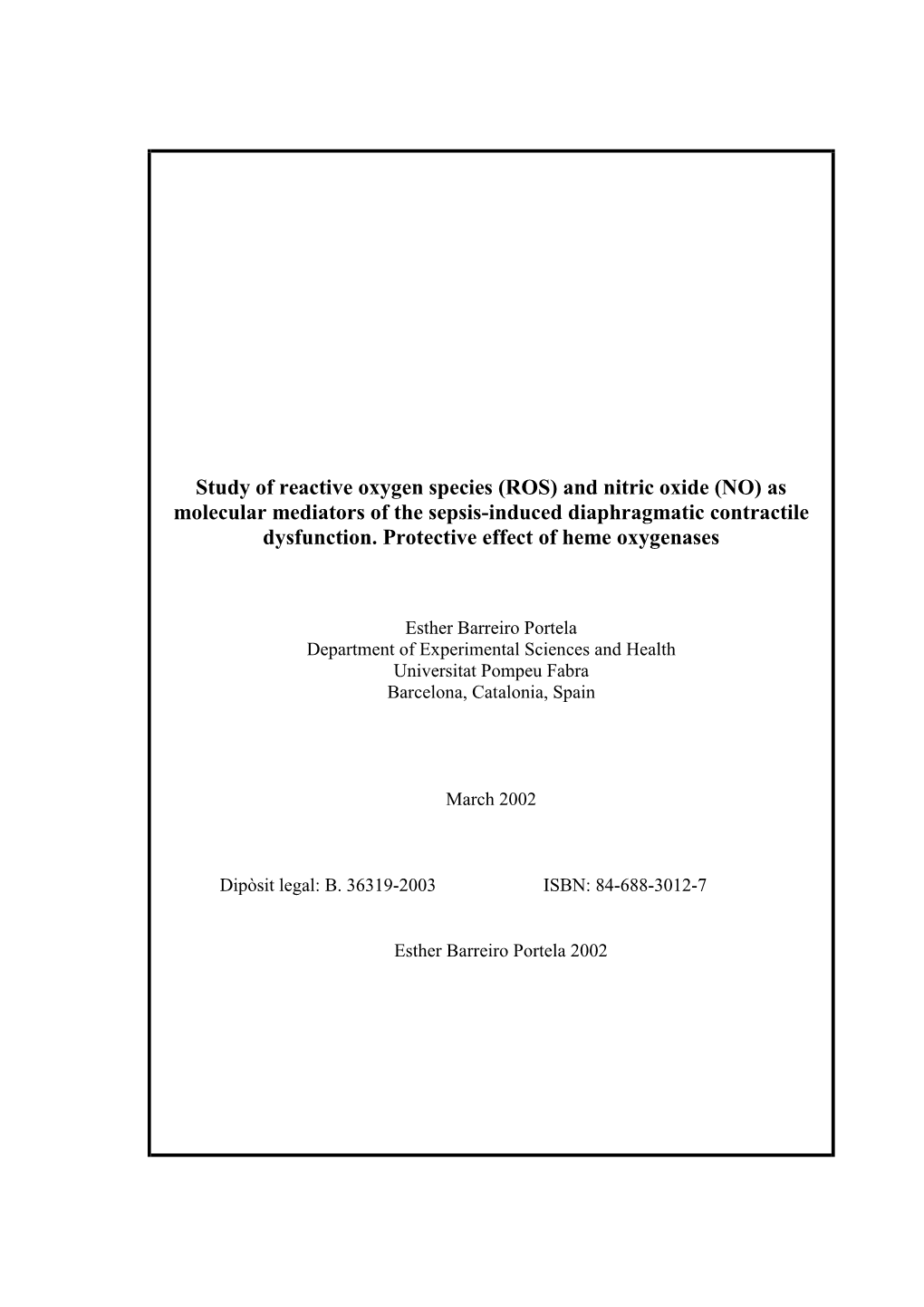 Study of Reactive Oxygen Species (ROS) and Nitric Oxide (NO) As Molecular Mediators of the Sepsis-Induced Diaphragmatic Contractile Dysfunction