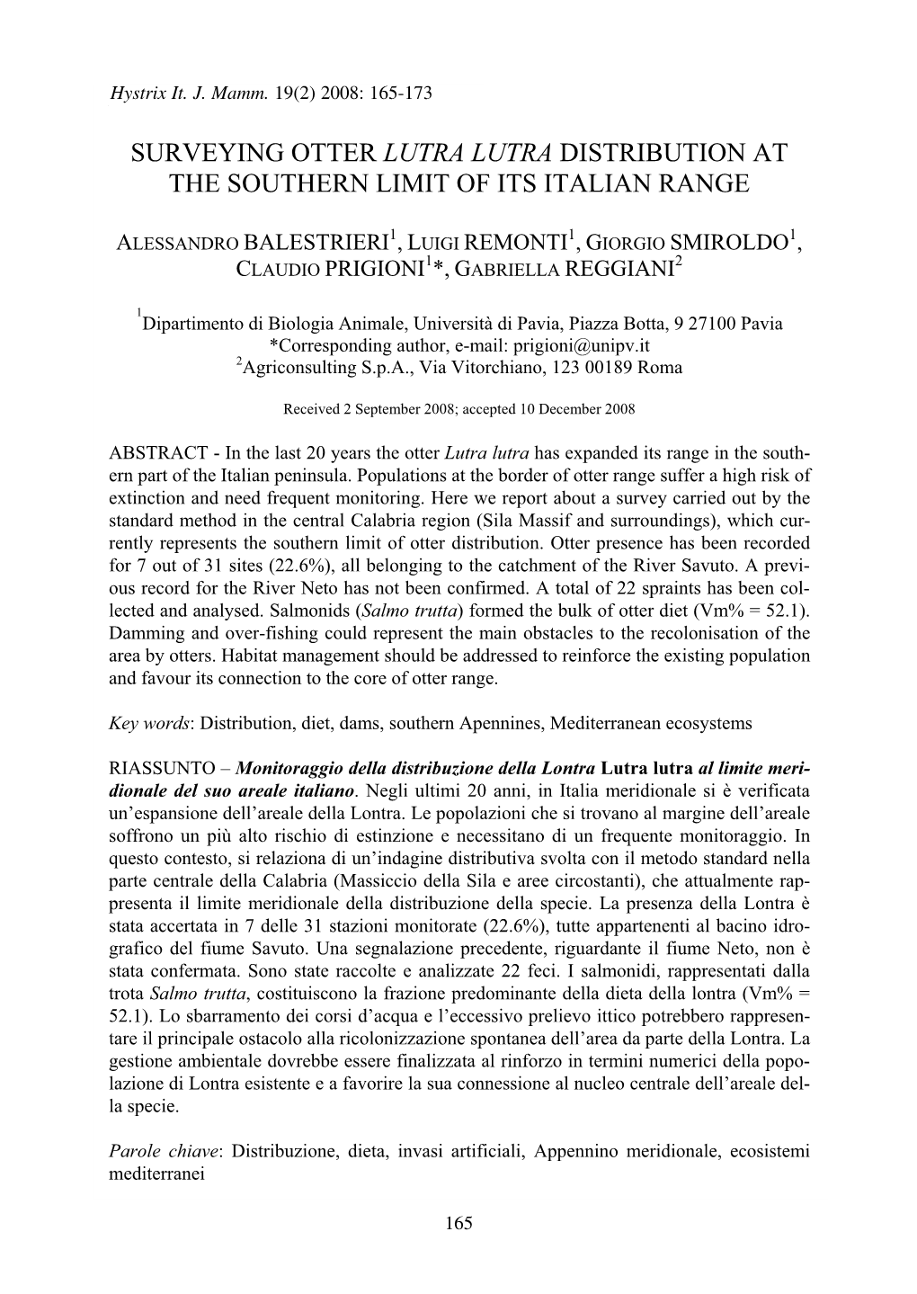 Surveying Otter Lutra Lutra Distribution at the Southern Limit of Its Italian Range