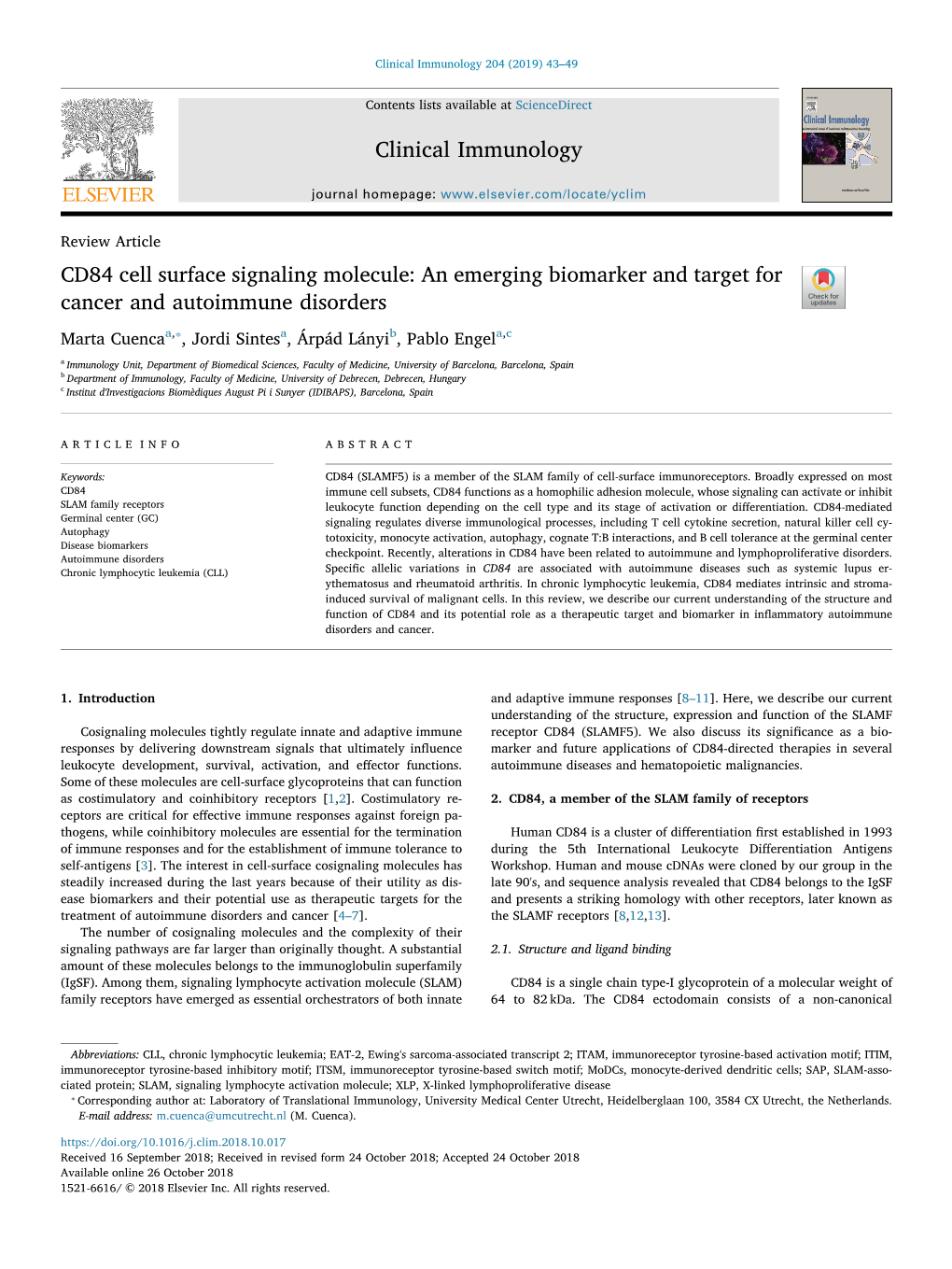 CD84 Cell Surface Signaling Molecule an Emerging Biomarker