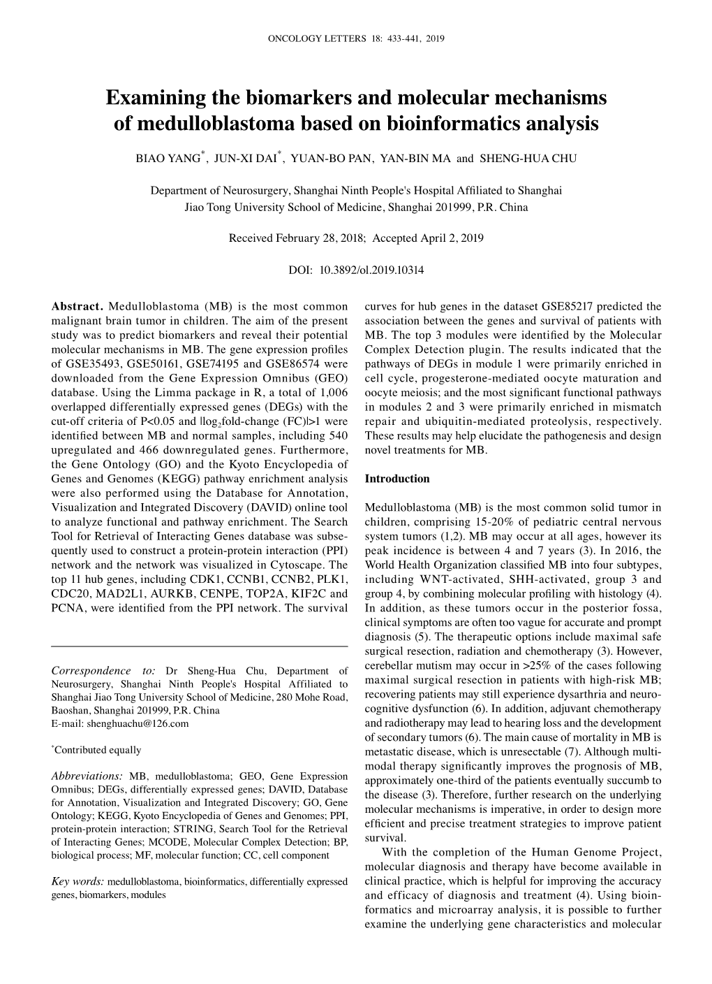 Examining the Biomarkers and Molecular Mechanisms of Medulloblastoma Based on Bioinformatics Analysis