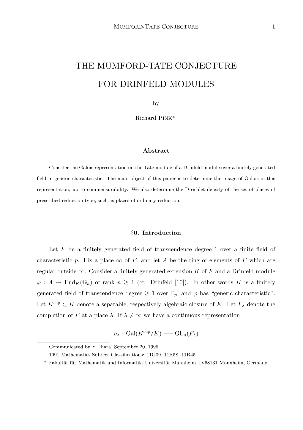 The Mumford-Tate Conjecture for Drinfeld-Modules