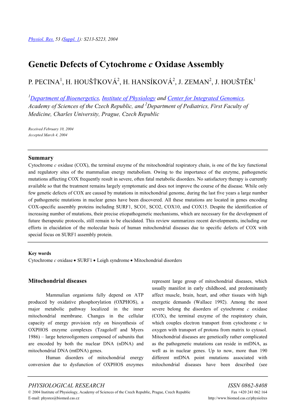 Genetic Defects of Cytochrome C Oxidase Assembly