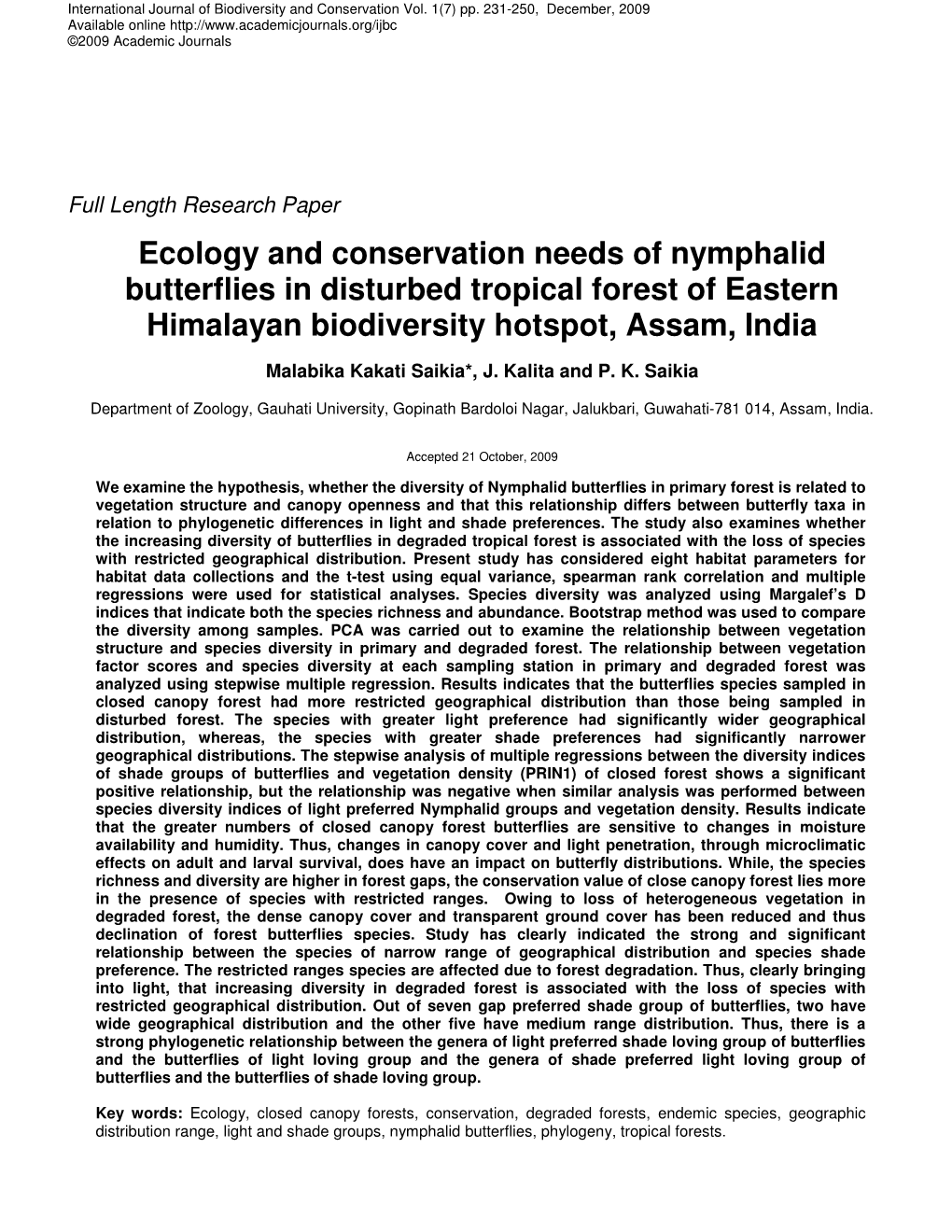 Ecology and Conservation Needs of Nymphalid Butterflies in Disturbed Tropical Forest of Eastern Himalayan Biodiversity Hotspot, Assam, India