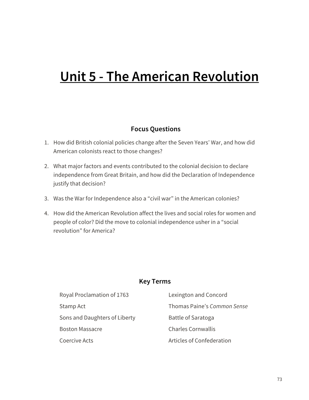 Unit 5 - the American Revolution