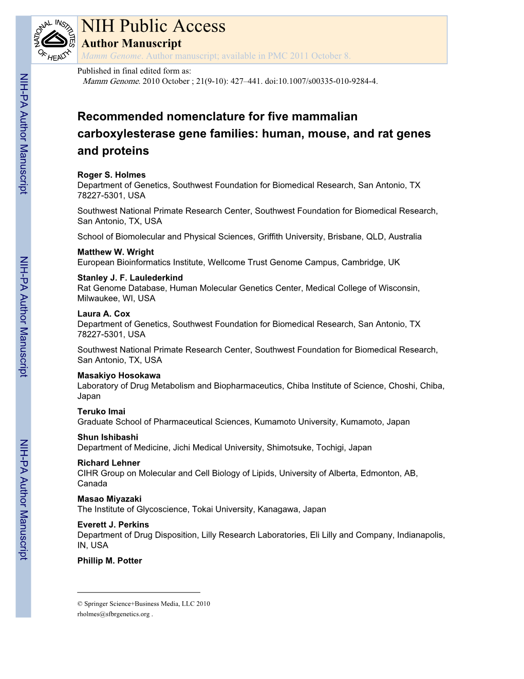 NIH Public Access Author Manuscript Mamm Genome