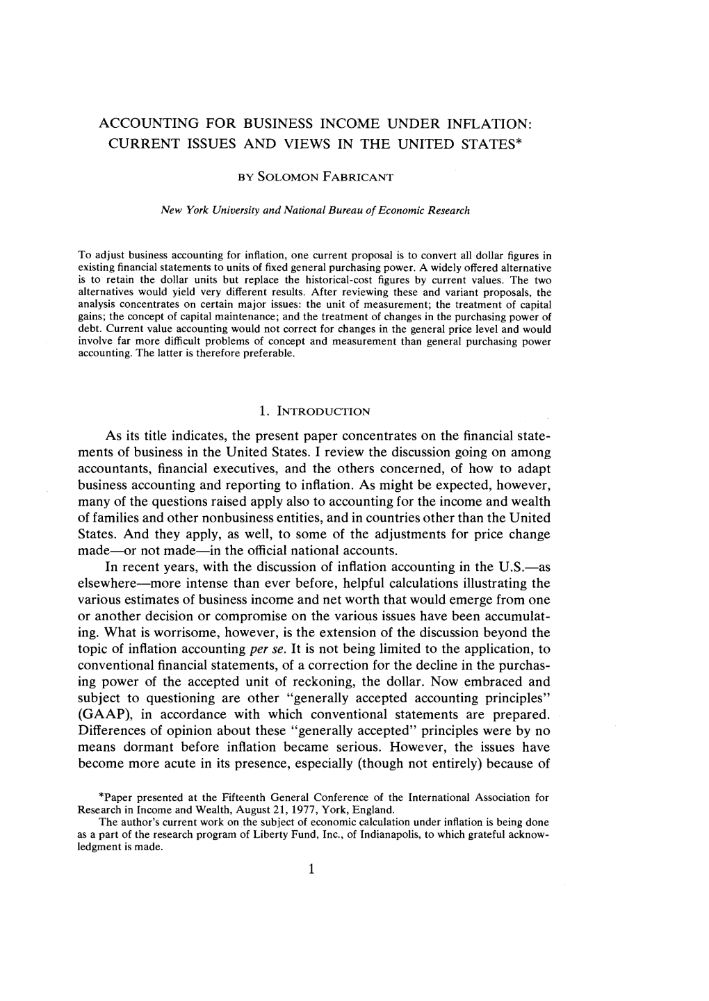 Accounting for Business Income Under Inflation: Current Issues and Views in the United States*