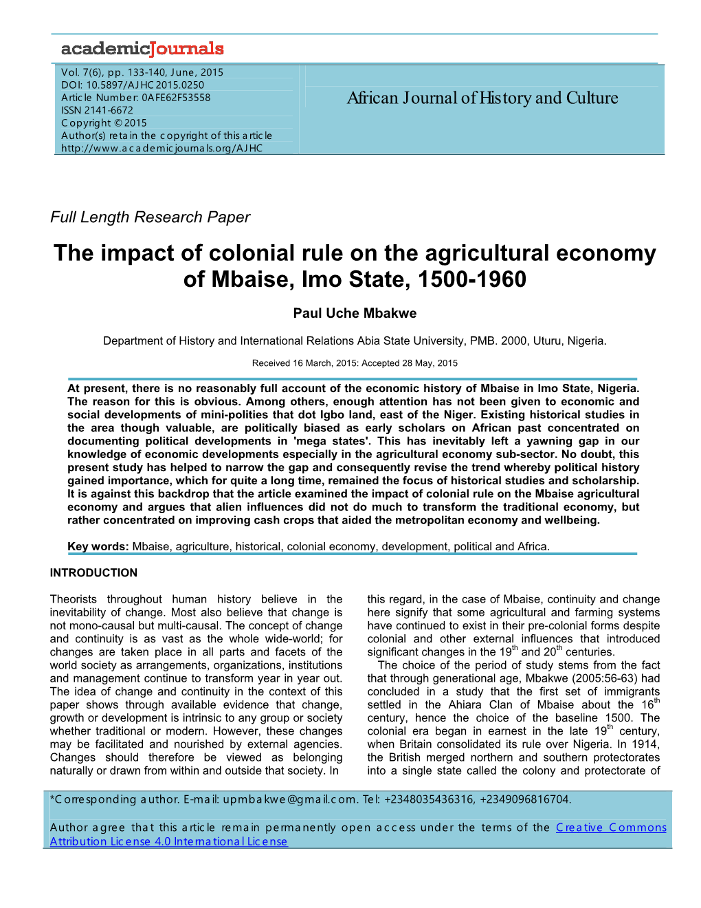 The Impact of Colonial Rule on the Agricultural Economy of Mbaise, Imo State, 1500-1960