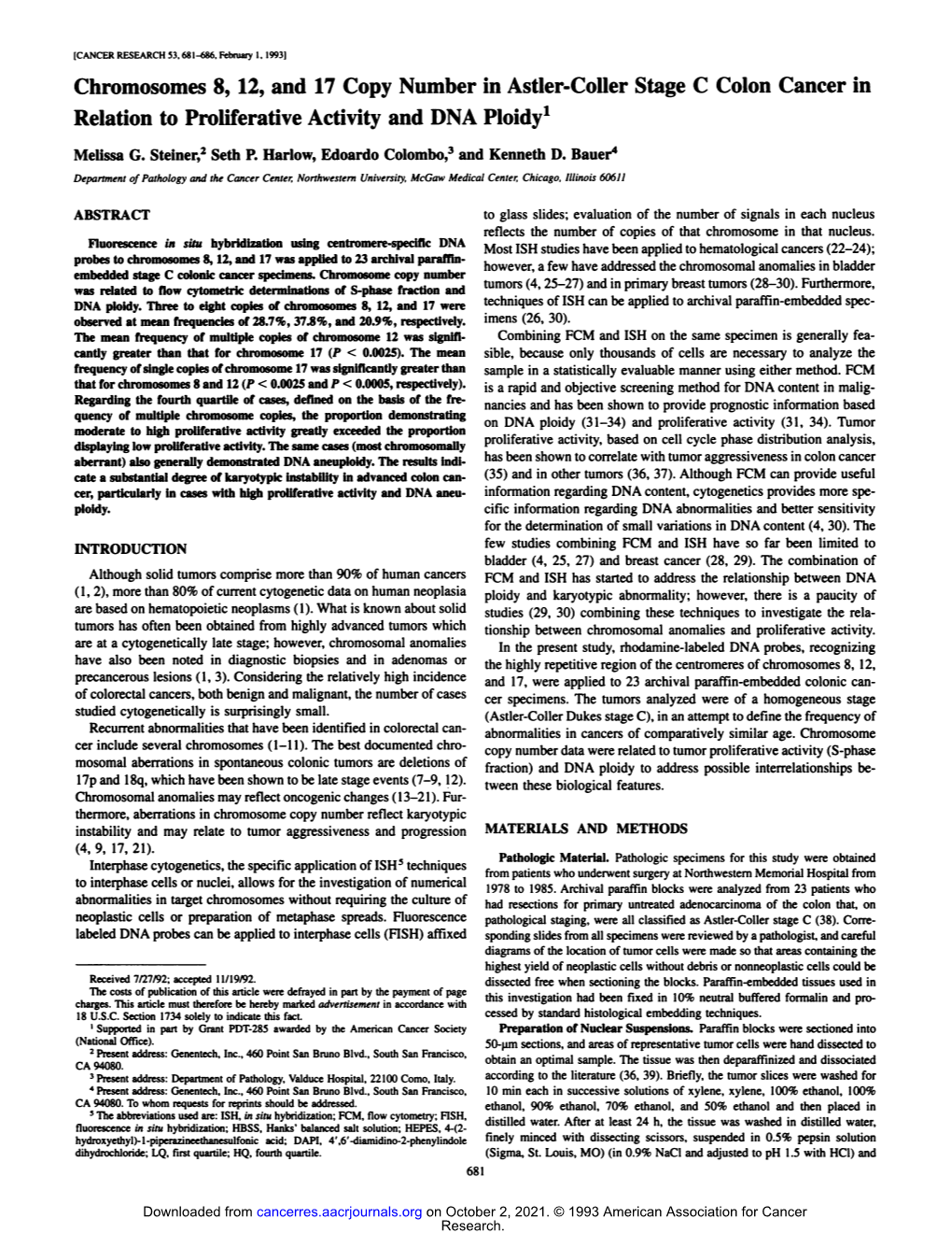 Chromosomes 8, 12, and 17 Copy Number in Astler-Coller Stage C Colon Cancer in Relation to Proliferative Activity and DNA Ploidy1