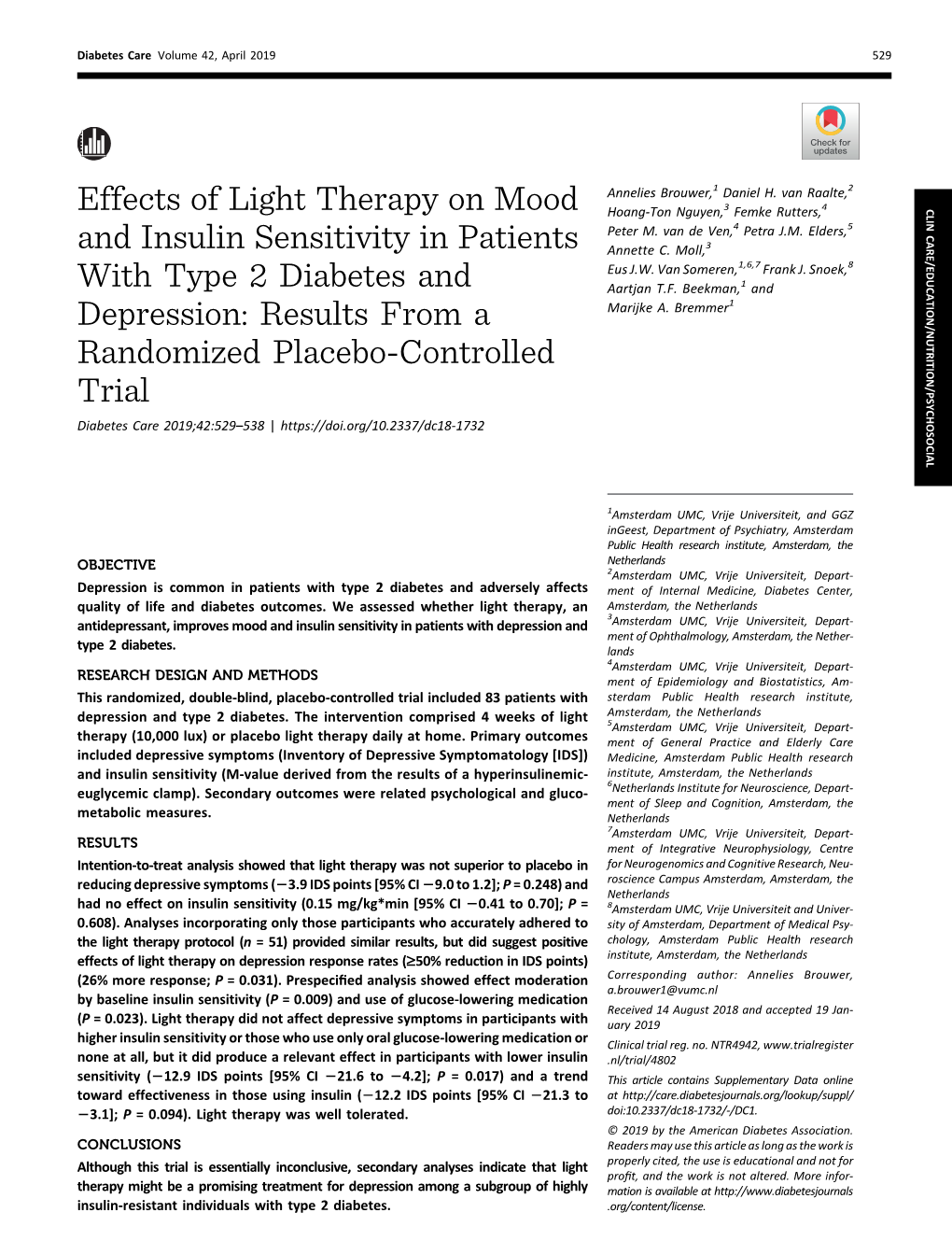 Effects of Light Therapy on Mood and Insulin Sensitivity in Patients With